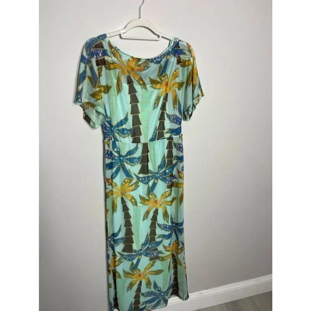 Never Fully Dressed Tilly off asymmetric mesh maxi dress in blue palm print New
